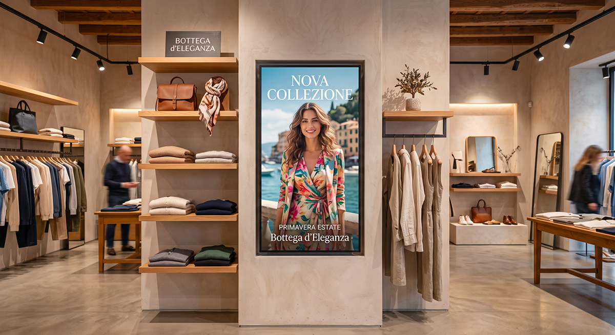 Monitor Digital Signage verticale con una promozione della nuova collezione in un negozio di abbigliamento