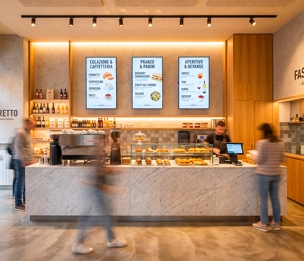 Tre monitor menu board sopra il banco di un bar con menù per colazione, pranzo e aperitivo