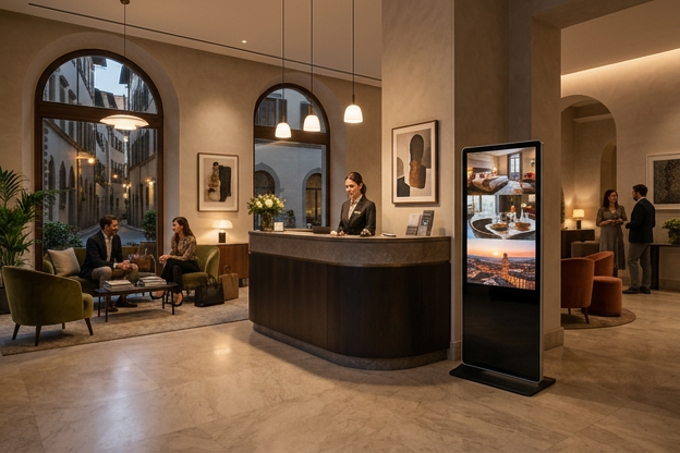 Totem digitale nella hall di un hotel