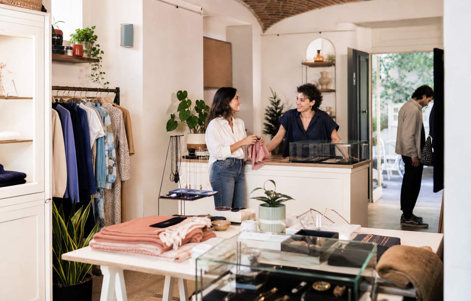 attività commerciale contemporanea con clienti e diffusori audio visibili