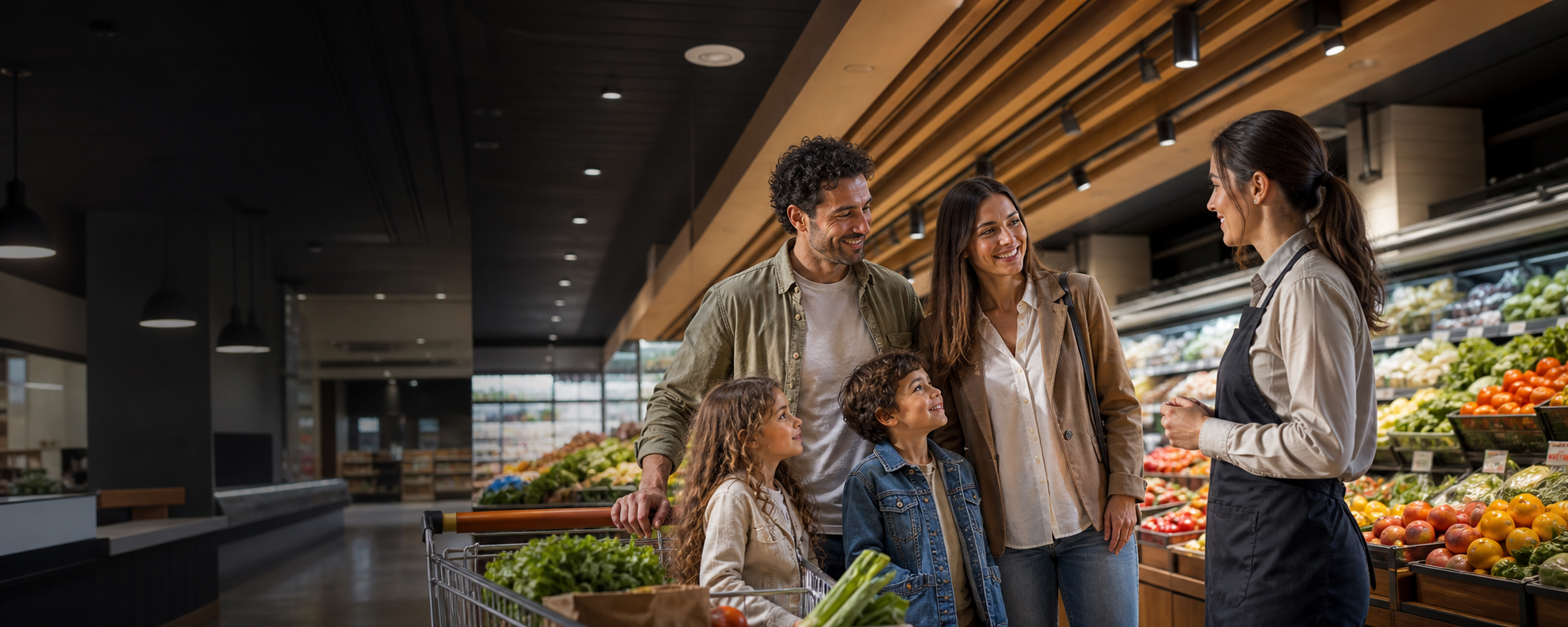corsia luminosa di un supermercato reale con clienti durante la spesa